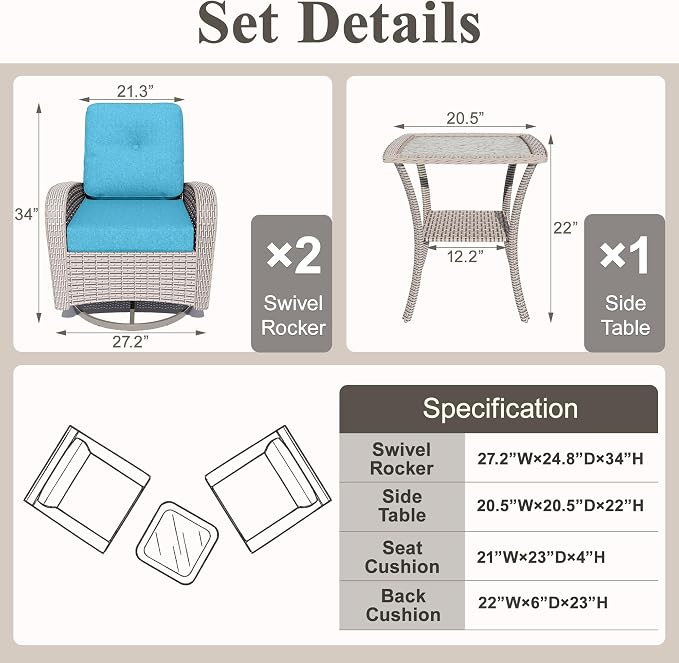 Patio Wicker Chairs Swivel Rocker, Outdoor Swivel Glider Rocker Chairs with Rattan Side Table, All Weather Conversation Set for Porch Poolside Balcony,Cyan