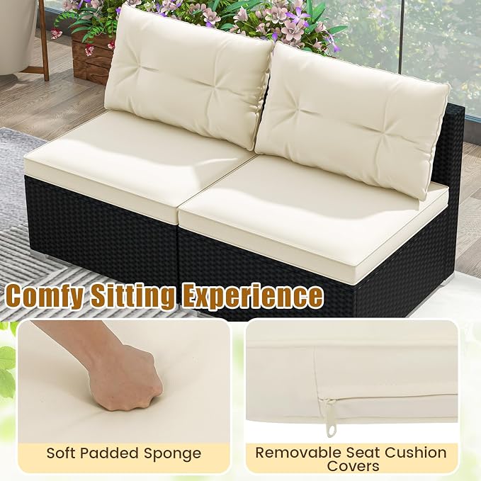 5 Pieces Patio Furniture Set, Outdoor Sectional Sofa with Acacia Wood Coffee Table & Cushions, Wicker Patio Conversation Set for Porch, Deck, Balcony, Poolside & Backyard (Off White)