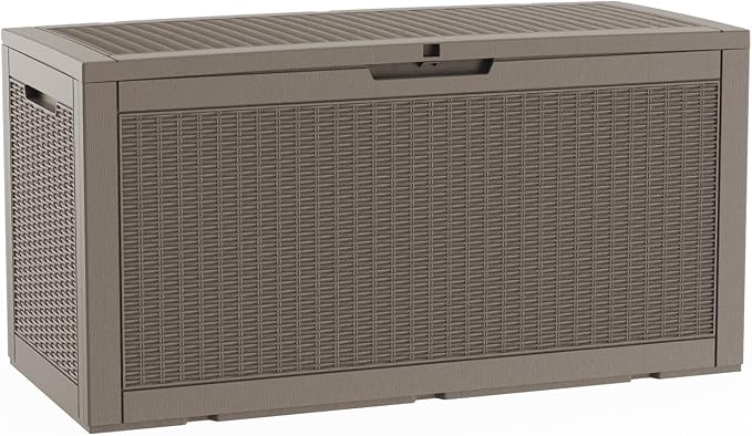 LAUSAINT HOME 100 Gallon Resin Deck Box for Outdoor Storage, Extra Large Waterproof Patio Storage Bench for Cushions and Garden Tools, Lockable Toy Box for Porch and Deck (Light Brown)