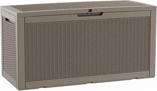 AmaVins Storage Box, 100 Gallon Rattan Pattern Deck Box with Anti-Pinch Hydraulic Rod, Indoor Use, Waterproof Resin, Package/Patio Cushions/Gardening Tools, Lockable, UV Resistant, Light Coffee