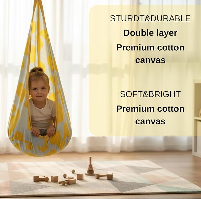 Calming Sensory Swing - Indoor Sensory Hammock for Kids & Adults, Supports up to 170 lb (77 kg), Double-Layer Canvas Fabric, Hanging Hardware Included, White-Yellow