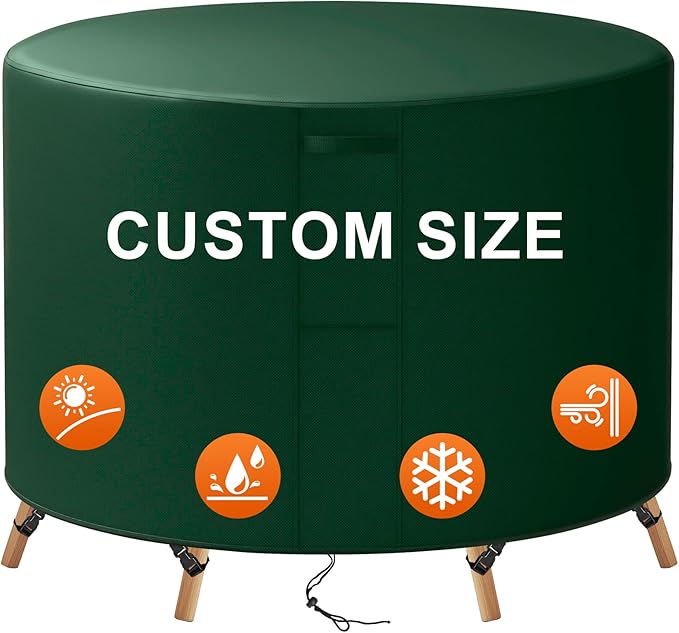 28"(D) x 36"(H) Round Outdoor Furniture Cover, Custom Heavy Duty 420D Waterproof Patio Furniture Cover with Drawstring & Buckles for Table Chair Garden, Green