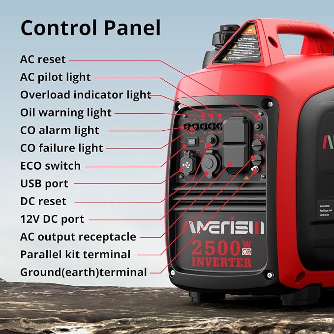 AMERISUN Portable Inverter Generator 2500W Gas Powered, CO Sensor, Super Quiet Gas Generator for Home Backup, Emergency, Camping,EPA Compliant
