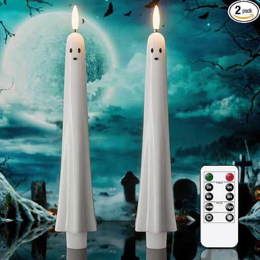 Halloween Ghost Flameless Taper Candles Battery Operated with Remote and Timer Real Wax 3D Wick Flickering White LED Taper Candlesticks Spooky Halloween Indoor Decor(2 Pack, 0.79"D x 9.5"H)