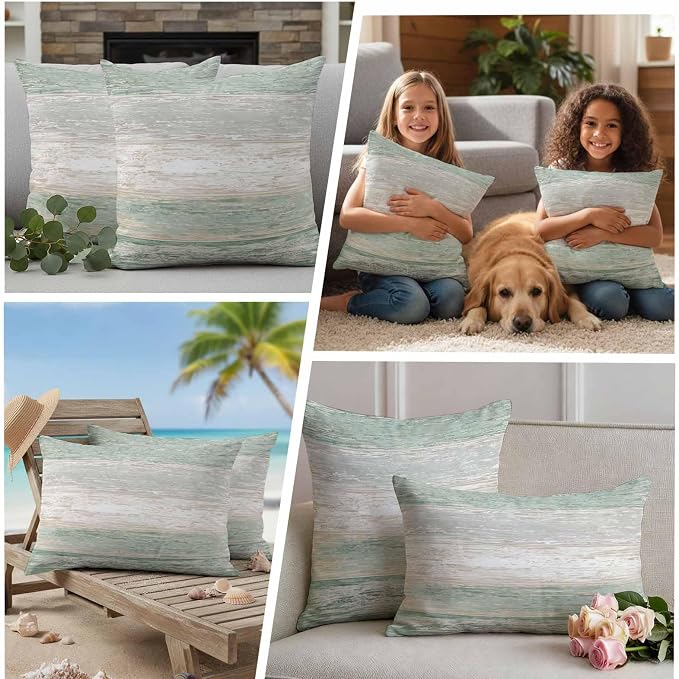 Green Gray Outdoor Pillow Covers 20"x12" Set of 2, White Gradient Rustic Striped Minimalist Country Waterproof Throw Pillow Covers for Patio Furniture, Decorative Cushion Covers for Porch