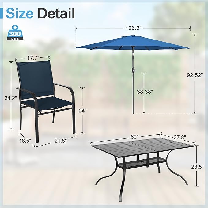 Crownland 7 Piece Patio Dining Set, Textilene Dining Sets, 6 Textilene Metal Chairs and Rectangular Outdoor Dining Table with Dark Blue 9FT Round Outdoor Umbrella (Blue)