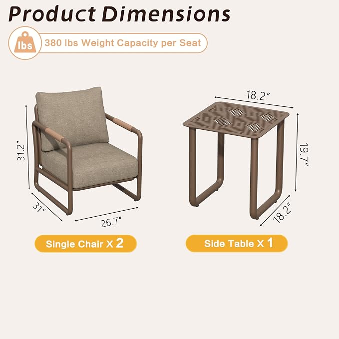 3-Piece Outdoor Aluminum Patio Sofa Set with Coffee Table, Deep Seating Conversation Set with 6.5" Cushions, Modern All-Weather Furniture for Garden, Balcony, Poolside, Brown