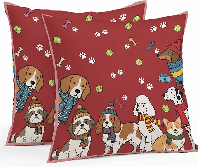 Cartoon Dogs Outdoor Pillow Covers 18x18 Inch Throw Pillow Covers Set of 2 Waterproof Decorative Pillow Cases Red Cute Animals Dogs Paws Prints Cushion Covers for Patio Furniture Garden Couch Sofa