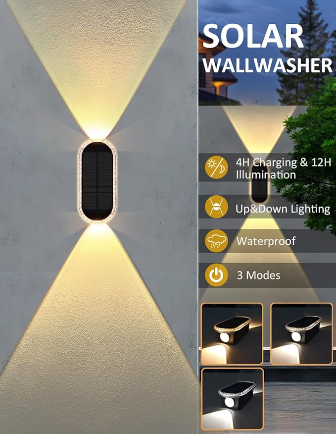 Solar Fence Lights Outdoor, 3000K/4000K/6000K 3 Modes Solar Wall Lights Outdoor Waterproof, Up&Down Dual-Head Outdoor Solar Lights for Yard House Fence Backyard Deck Garden Patio Porch, 4 PK