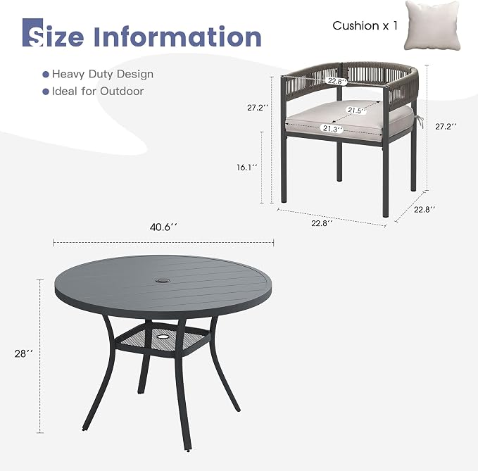 VICLLAX Patio Dining Set, 40.6" Dark Grey Table & 4 Chairs with Wheat Cushion