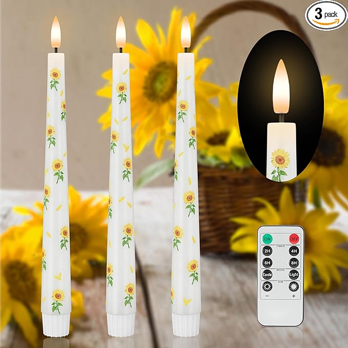 Sunflower Taper Candles Battery Operated, 9.6" Real Wax Flameless Candles with Remote, Flickering LED Candlesticks for Home, Wedding, Party Decor, 3 Pack