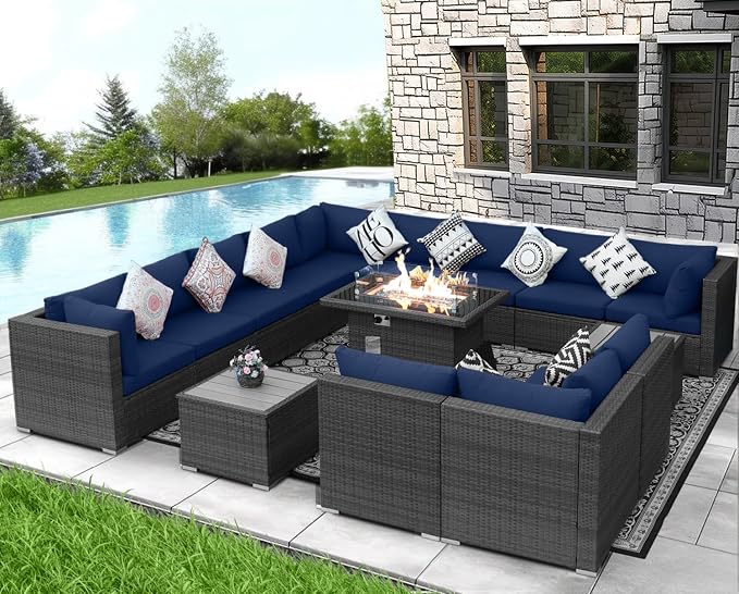 NICESOUL 15 Piece Outdoor Patio Furniture Set with Fire Pit, Extra Large Wide Outdoor Deep Seated Sectional, Cozy 29.3'' High-Back Modular Couch, 500 Lbs High Weight Capacity Wicker Sofa, Gray & Blue