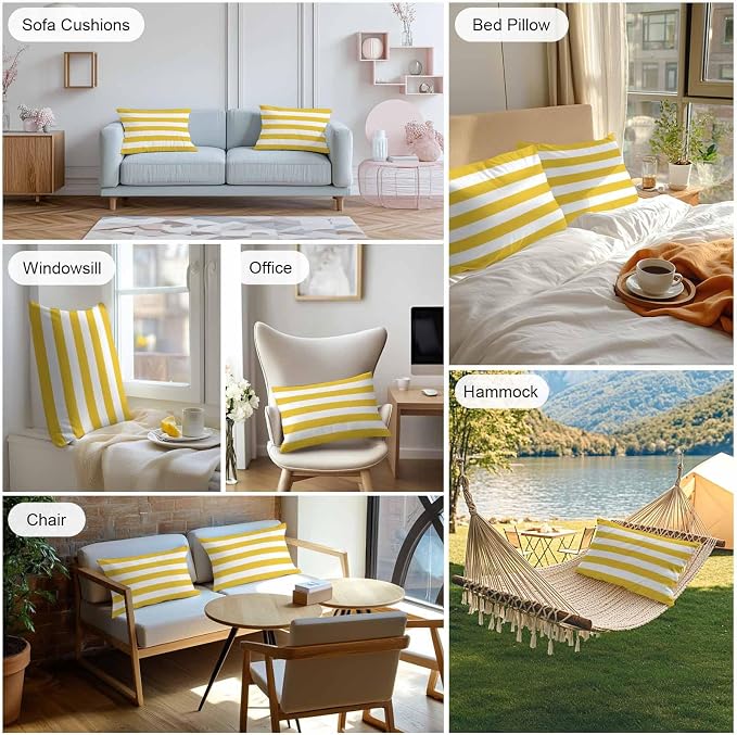 Outdoor Waterproof Throw Pillow Covers Set of 2 Yellow White Stripe Lumbar Pillowcases 20x12 Inches Simple Style Striped Decorative Pillows Cushion Case Patio Pillows for Couch Bed Chair Garden