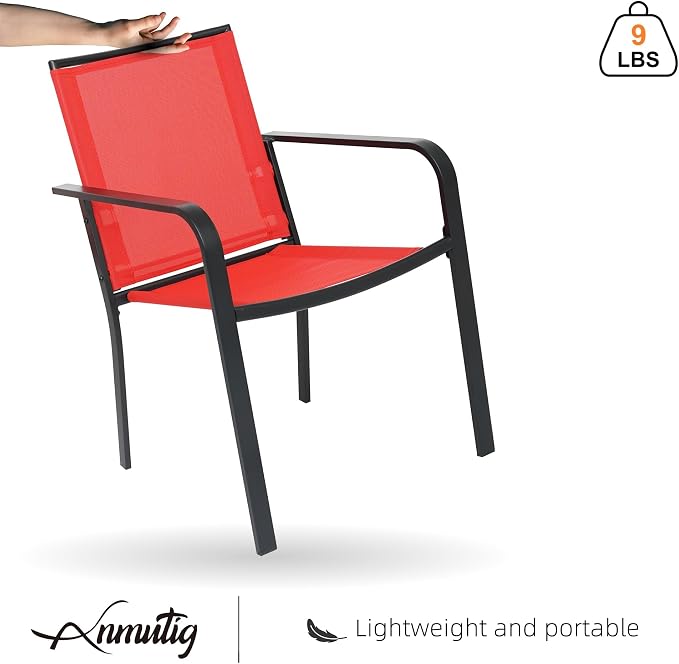 Patio 27.5" Square Table, Red Stacking Chairs Outdoor Small Dining Set of 3 | Stackable Chairs, Metal Square Table, Slat Table Top, 2 Person Use, All Weather, Textilene fabric Seat and Back