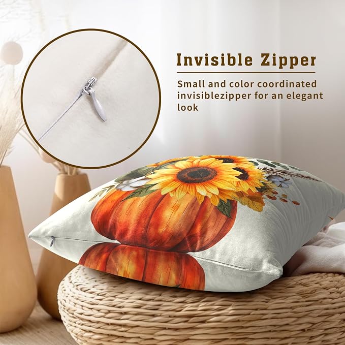 Fall Throw Pillow Covers 16x16 Set of 2, Pumpkin Sunflower Leaves Autumn Season Farmhouse Decorative Pillow Cases for Sofa Bed Couch Harvest Thanksgiving Day Outdoor Home Decor