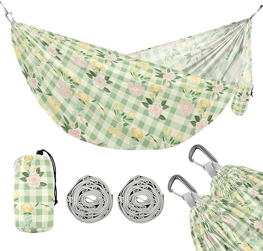 Camping Hammock Outdoor Hammocks for Outside Pink Green Yellow Plaid Flowers Beach Trees Portable Lightweight with Pockets Tree Straps Indoor
