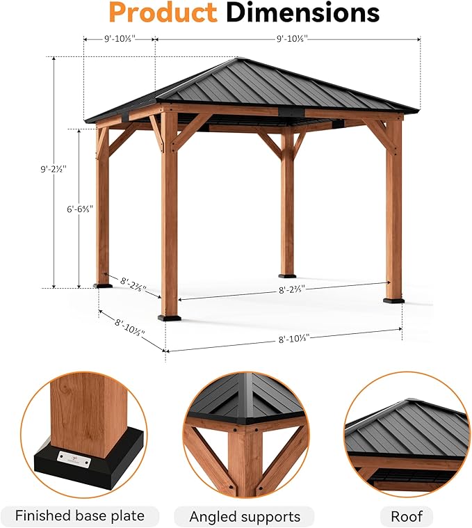 Modern Shade Tranquil Grove Wood Gazebo 10' x 10', Permanent Hardtop Gazebo with Galvanized Steel Roof, Mosquito Netting and Curtains, Cedar Outdoor Gazebo with Sturdy Hooks for Backyard