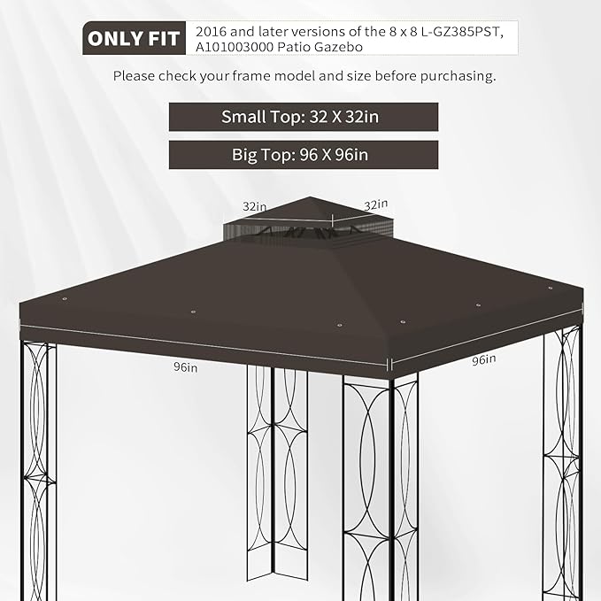 8'x8' Gazebo Top Canopy Replacement Cover - Double Tier Top Canopy Cover Replacement with UV30+, Dirt, Water Resistant for Outdoor, Garden, Pavilion (Coffee)