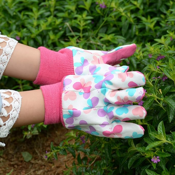 HANDLANDY 2 Pairs Kids Gardening Gloves, Cotton Kids Work Gloves, Pink, M | Girls Boys Children Garden Yard Work Play Cycling Gloves with Knit Wrist, Cute Pattern, Gift
