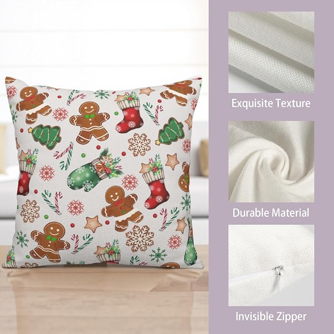 Christmas Pillow Covers 24x24 Set of 2 Gingerbread Man Throw Pillow Covers Xmas Tree Socks Gloves Snowflakes Pillow Case for Holiday Decor Couch Sofa
