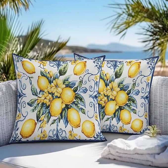 Throw Pillow Covers 26x26 Inch Set of 2, Yellow Lemon Waterproof Outdoor Cushion Covers, Middle Century Blue Italian Textured Decorative Pillowcases for Couch, Sofa, Bed, Garden, Patio
