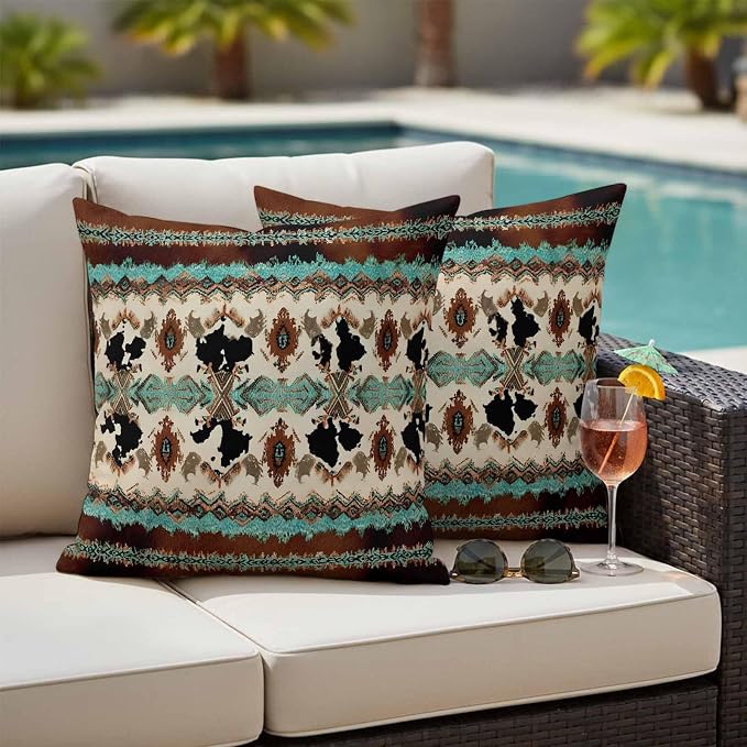 Boho Cowhide Outdoor Pillow Covers 24"x24" Set of 2, Western Aztec Tribal Green Brown Cow Texture Waterproof Throw Pillow Covers for Patio Furniture, Decorative Cushion Covers for Porch