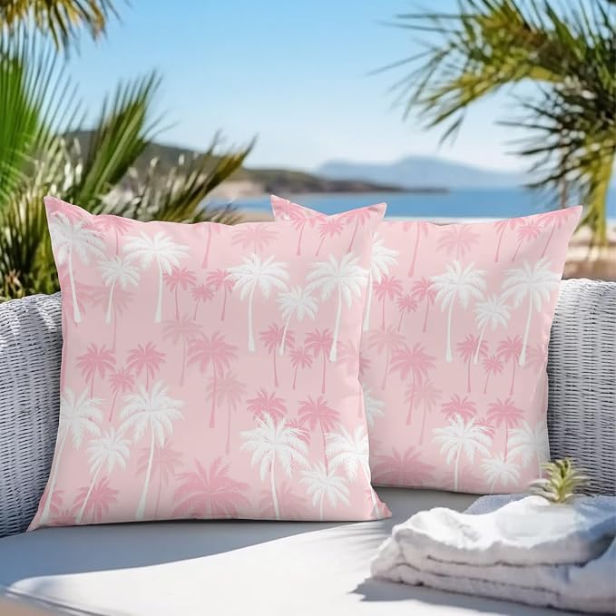 Throw Pillow Covers 24x24 Inch Set of 2, Tropical Palm Tree Waterproof Outdoor Pillow Covers, Pink White Plants Coastal Leaf Beach Decorative Cushion Pillowcases for Couch, Sofa, Bed, Garden, Patio