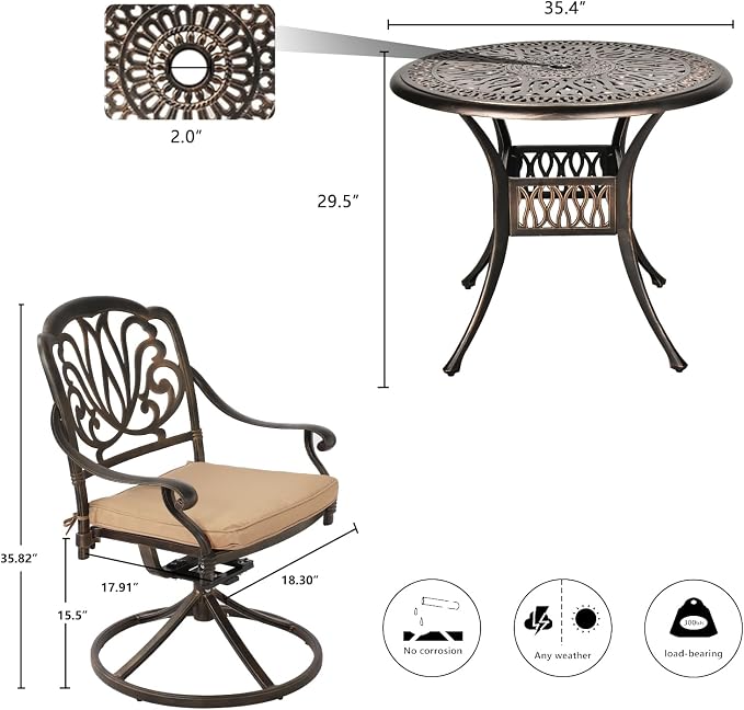 TITIMO 5-Piece Cast Aluminum Outdoor Patio Dining Set, 4 Pattern Chairs and Table, Cast Aluminum Conversation Set with 2.2” Umbrella Hole, 1 Round Table and 4 Swivel Chairs with Cushions (Khaki)