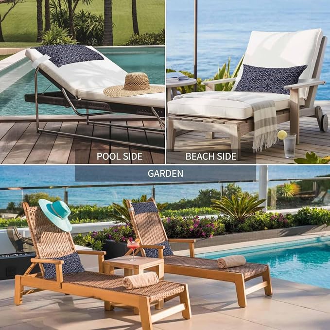 Blue Geometric Abstract Outdoor Pillows for Chaise Lounge Chair Waterproof Lumbar Pillows with Insert&Adjustable Strap Beach Headrest Pillow Contemporary Modern Art Pillow for Patio Pool 11"x16"