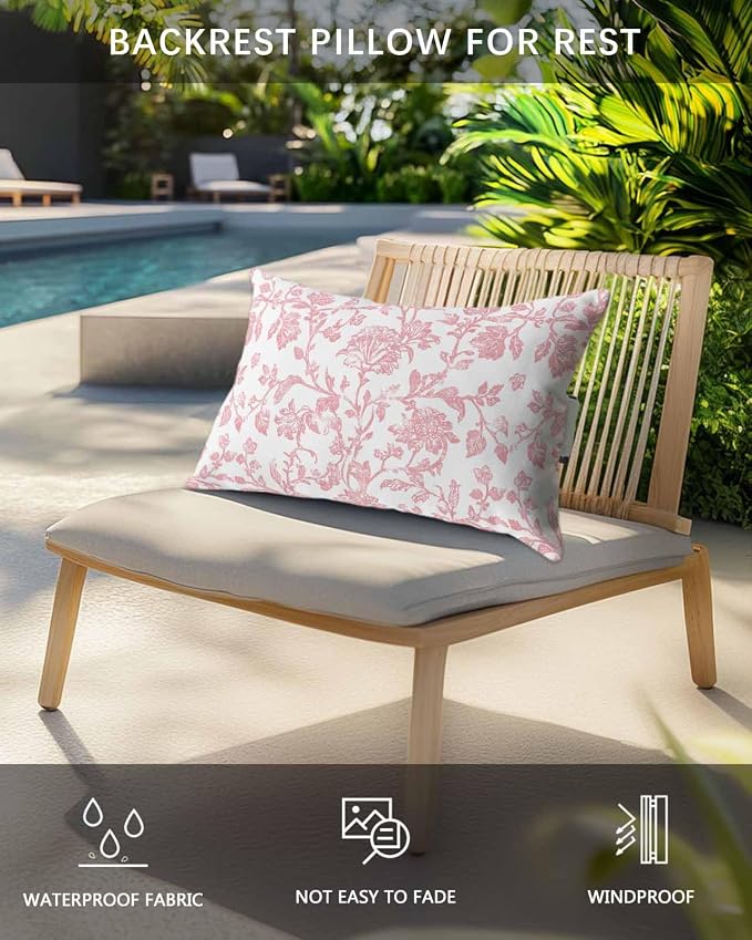Pack of 2 Outdoor Lumbar Pillow Covers 12x20 Inch, Coral Red Flower Waterproof Throw Pillow Covers Set, Vintage Farmhouse Boho Leaf Spring Indoor&Outdoor Decorative Cushion Cases for Patio Porch Beach