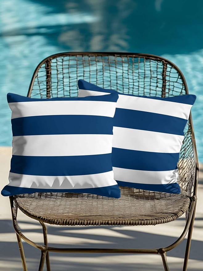 Waterproof Outdoor Pillow Set of 2 Navy Blue White Stripe Decorative Throw Pillows Cover & Insert 18x18 Inch Pillowcase Simple Style Striped Pillows for Couch Sofa Bed Patio Furniture Indoor Outdoor