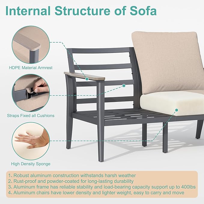 Aluminum Outdoor Patio Furniture Set with Swivel Rocking Chairs 9-Seat, Patio Sectional Sofa with Ottomans Patio Conversation Set with 55,000 BTU Fire Pit Table & High Backrest, Sand