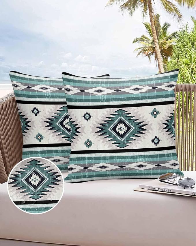 Outdoor Waterproof Throw Pillow Covers Set of 2 Turquoise Boho Aztec Pillowcases 24x24 Inches Southwest Tribal Geometric Patio Decorative Pillows Cushion Case Patio Pillows for Couch Bed Chair Garden