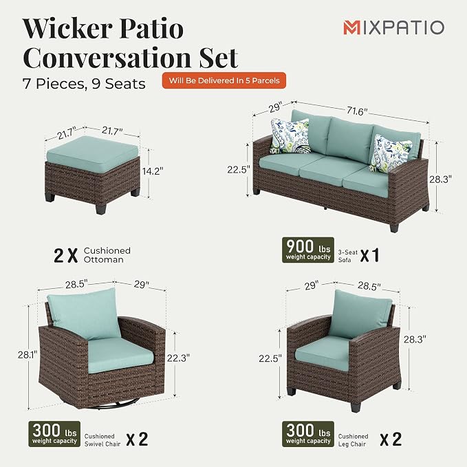 MIXPATIO Patio Furniture Set, 7 Pcs Wicker Rattan Outdoor Conversation Set, 2 x Leg Chairs, 2 x Swivel Chairs, 1 x 3 Seater Sofa and 2 x Ottoman with 4" Thick Cushion for Garden Backyard Deck, Blue