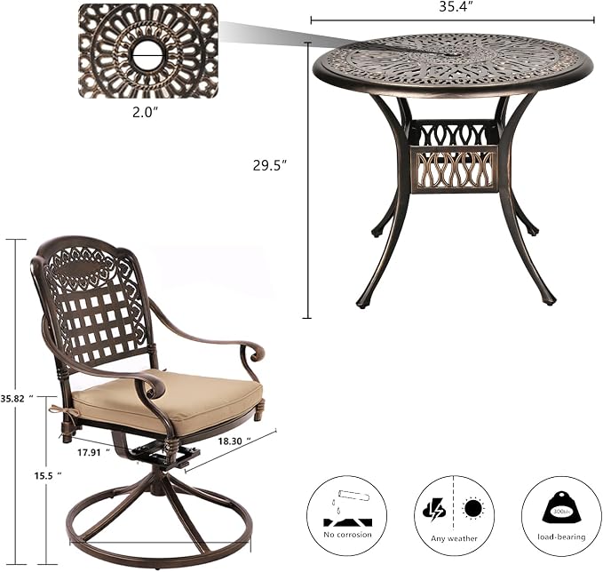 TITIMO 5-Piece Cast Aluminum Outdoor Patio Dining Set, 4 Pattern Chairs and Table,Cast Aluminum Conversation Set with 2.2” Umbrella Hole (Mesh Back Khaki Cushion, 1 Round Table + 4 Swivel Chairs)