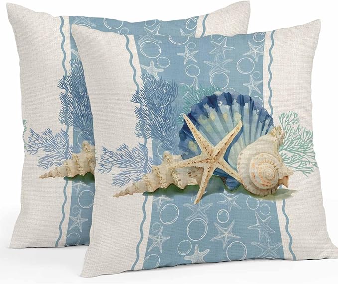 Coastal Oceans Waterproof Outdoor Pillow Covers Set of 2 Home Decor, Summer Beach Corals Shells Starfish Cotton Linen Pillowcase Patio Pillow Covers for Couch Bench Furniture Garden 24x24in