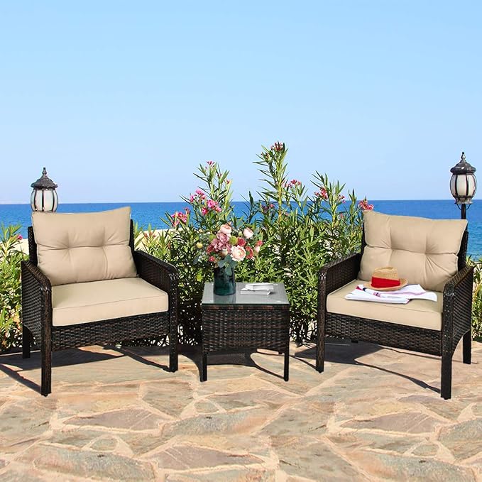 HAPPYGRILL 3 Pieces Patio Furniture Set Outdoor Rattan Wicker Coffee Table & Chairs Set with Seat Cushions Patio Conversation Set for Garden Balcony Backyard Poolside