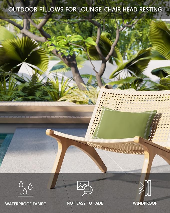T&H XHome Outdoor Pillow for Chaise Lounge Chair, Solid Color Olive Waterproof Headrest Pillow Lumbar Pillows with Insert & Adjustable Elastic Strap for Beach, Poolside, Patio, Office (2 Pack)