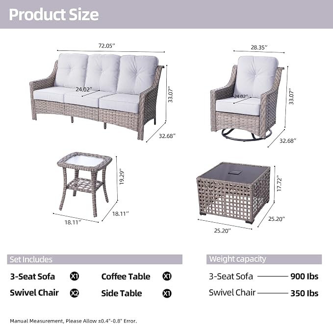 HOOOWOOO 5 Piece Patio Furniture Conversation Sets with Swivel Rocking Chairs,Outdoor Wicker Furniture with LED Tablet,All Weather Resistant High Back Rattan Conversational Set(Light Grey Gray)
