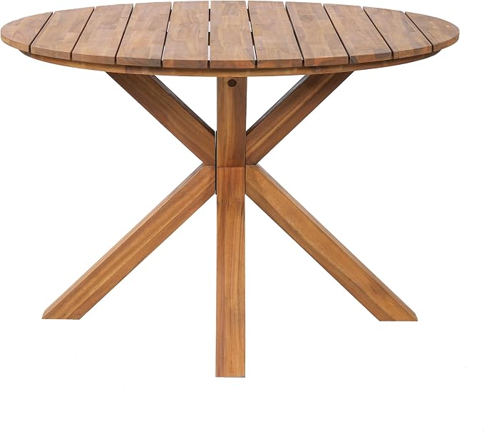 Christopher Knight Home Katy Modern 5 Piece Outdoor Dining Set, Round Dining Table Set for 4 with Chairs, Acacia Wood Patio Furniture Set with Barrel Chairs and Seat & Back Cushions, Beige+Brown