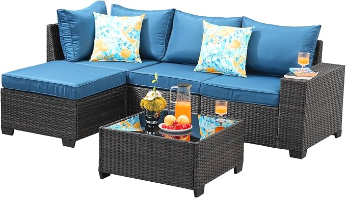 Jing's Villa 5-Piece Patio Furniture Set, All-Weather Outdoor Wicker Sectional Sofa with Cushions, Tempered Glass Table & Ottoman, Rattan Conversation Seating for Porch, Garden, Backyard,Peacock Blue