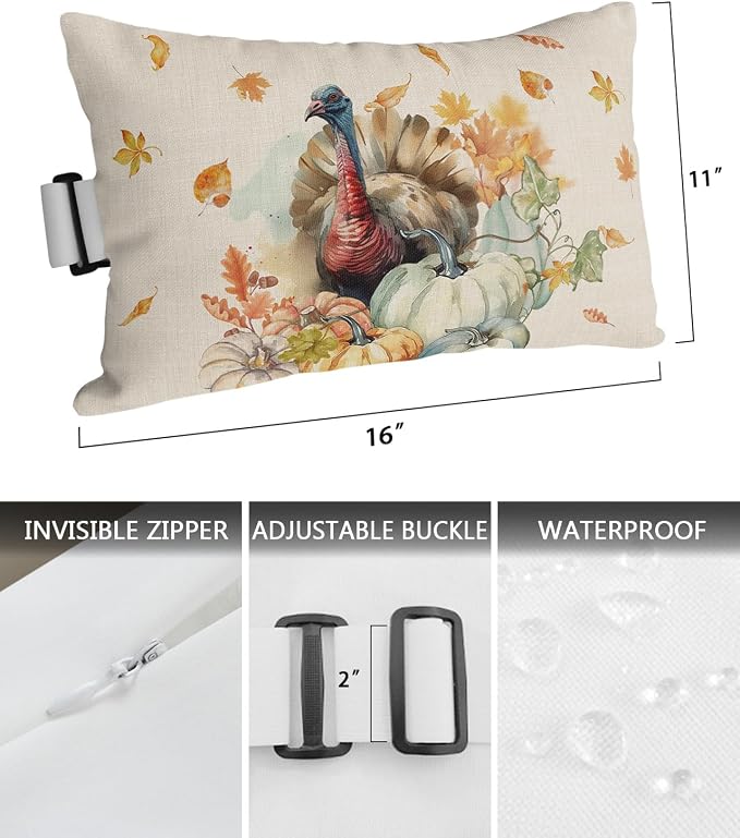 Outdoor Pillows Covers with Inserts Thanksgiving Watercolor Turkey Pumpkin Maple Leaves Waterproof Pillow with Adjustable Strap Throw Pillows for Patio Furniture Recliner Lounge Chair, 11" x 16", 1PCS