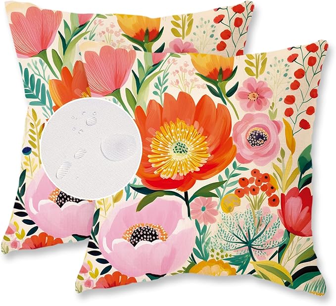 Spring Floral Pillow Covers 20x20 Inch Set of 2 Waterproof Pink and Orange Flowers Decorative Pillowcases Outdoor Farmhouse Patio Cushion Cases for Sofa Couch Home