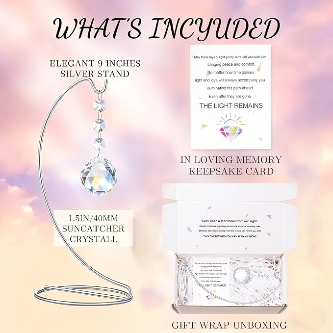 Sympathy Gifts for Loss of Loved One,Memorial Gifts for Loss of Mom Dad,40mm Crystal Suncatcher Idea is Suitable for Bereavement, in Memory, Condolences,Remembrance,with 9 Inch Silver Stand