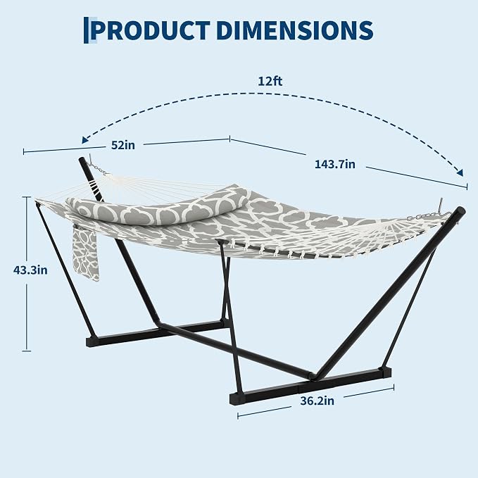 Double Hammock with Stand and Pillow – Heavy Duty Outdoor, Supports 450 Lbs, Balance Rope Included, for Backyard, Patio, and Camping, Light Gray Pattern