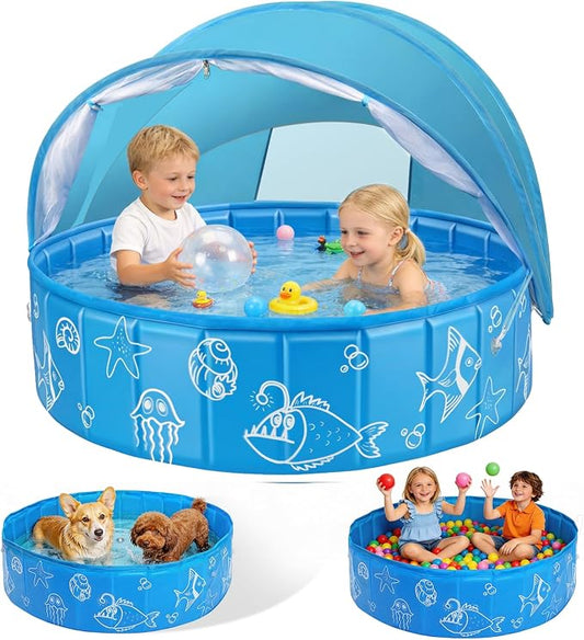 Foldable Kiddie Pool with Removable Canopy, 47in Portable Kids Swimming Pool for Baby Toddler, Summer Water Play Pool with Mosquito for Outdoor Backyard Beach