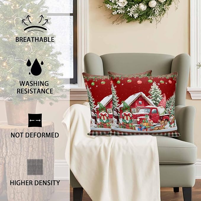 Red Christmas Throw Pillow Covers 18x18 Inch Set of 2, Truck Elk Xmas Tree Snowflake Ball Winter Gnomes Waterproof Outdoor Cushion Covers, Decorative Pillowcases for Couch, Sofa, Bed, Garden, Patio