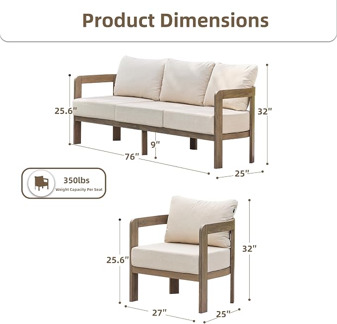 Outdoor Patio Furniture Set, Metal Patio Conversation Set with 6" Thick Cushions, Outdoor Couch and Patio Chairs Set for Backyard Porch Balcony, Beige