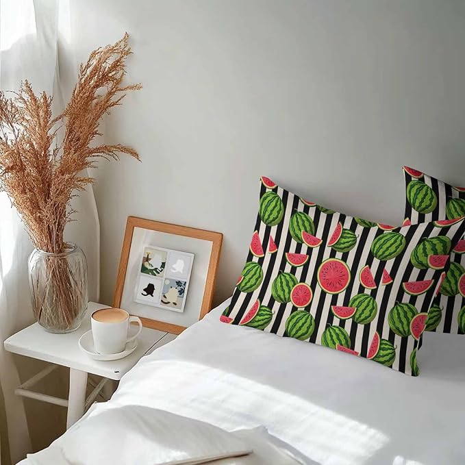 Vandarllin Outdoor Throw Pillows Covers 20x12 inch Set of 2 Waterproof Watermelon Decorative Zippered Cushion Covers for Patio Furniture, Summer Fruit Black Stripes Lumbar Pillowcases