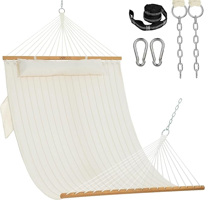 Lazy Daze Hammocks 10.5FT 2 Person Double Quilted Fabric Hammock with Spreader Bar, Detachable Pillow, Side Pocket, Carabiners, Chains, Straps for Outdoor, 450lbs Capacity, Beige